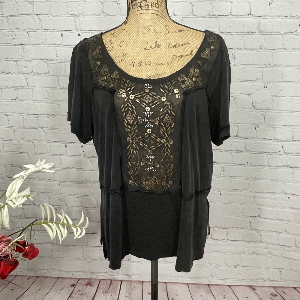 Free People Beaded Distressed Boho Hippie Top